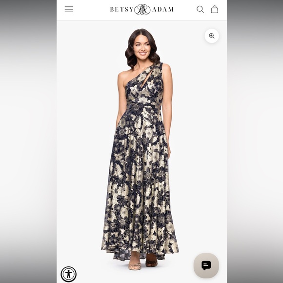 Betsy & Adam Navy and Gold Gown
GWEN" LONG ONE SHOULDER WRAP FOIL FLOWER DRESS - Picture 4 of 6